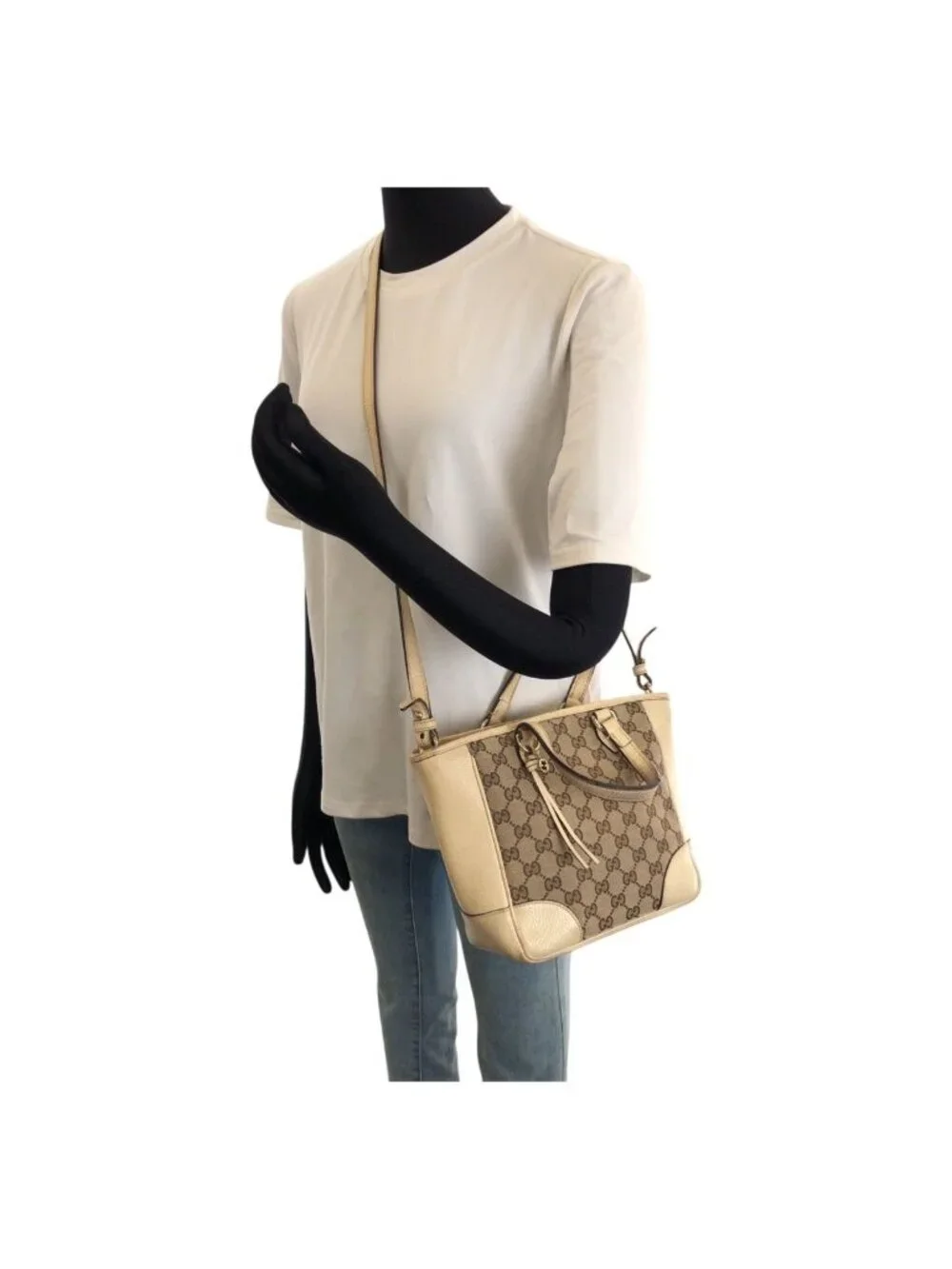 Gucci 2-Way Beige Gold GG Canvas Leather Shoulder Bag